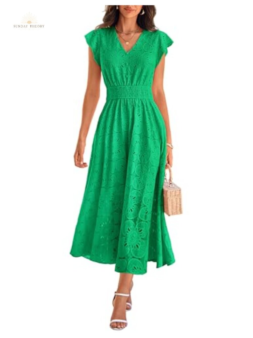 Womens Eyelet Maxi Dress V-Neck Ruffle Sleeve High Waist A-Line